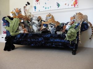 Bespoke design & build upholstered sofa with sewn in soft toys Hill Upholstery & Design Essex and London