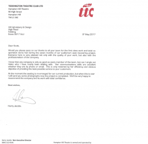 Testimonial Theatre seat upholstery London upholstery
