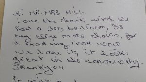 Hill Upholstery & Design testimonial note chair