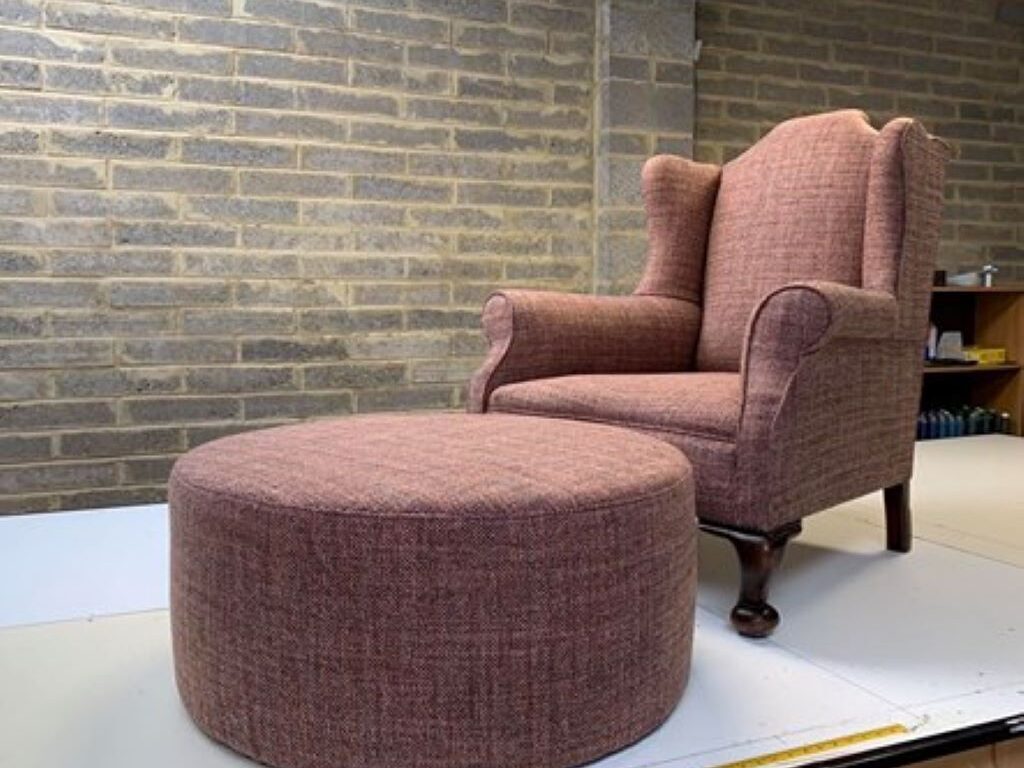 Edwardian Wing Chair Bespoke Pouffe Reupholstery